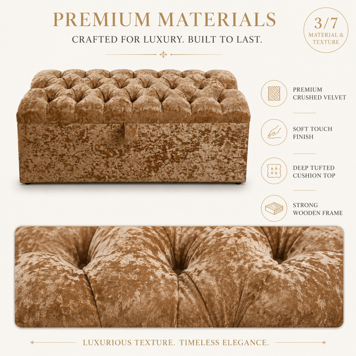 Crushed Velvet Ottoman Storage Bench | Tufted Bed End Bench with Gas Lift Lid