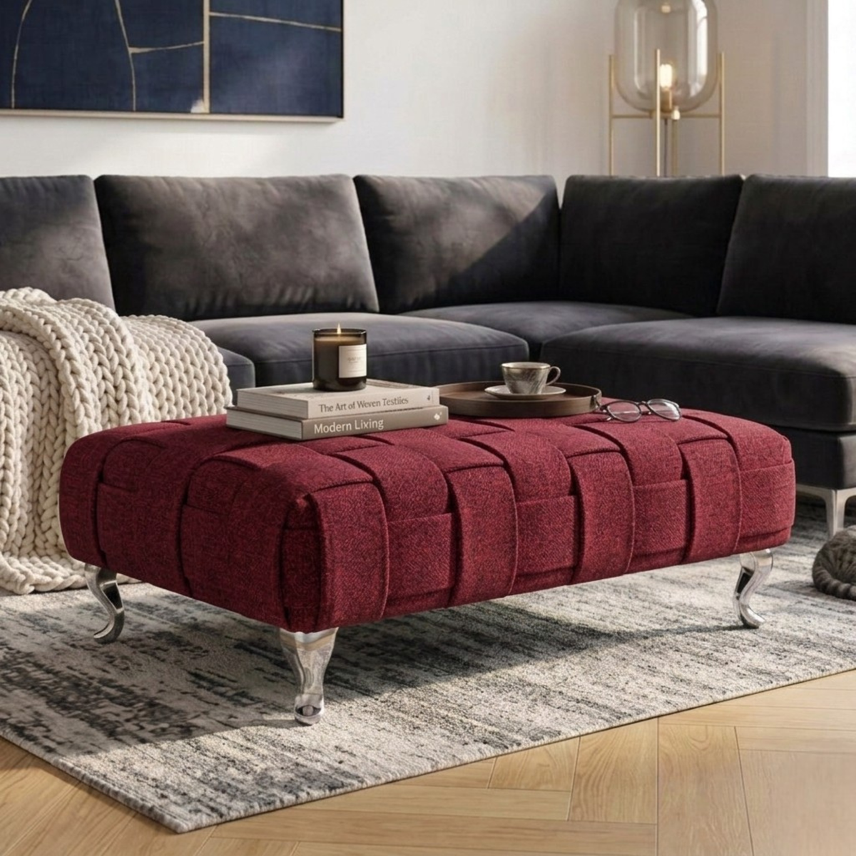 Braided Ottoman Footstool | Woven Dumfries Fabric Upholstered Footrest | Pouffe with Chrome Legs