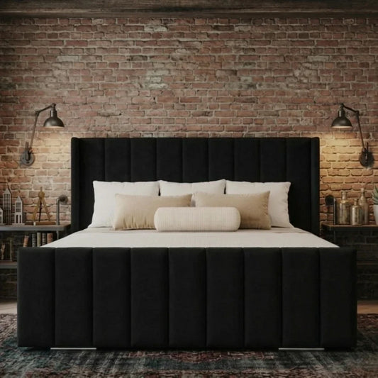 Vienna Plush Velvet Upholstered Bed | Luxury Panelled Headboard | Bed Frame & Mattress Set