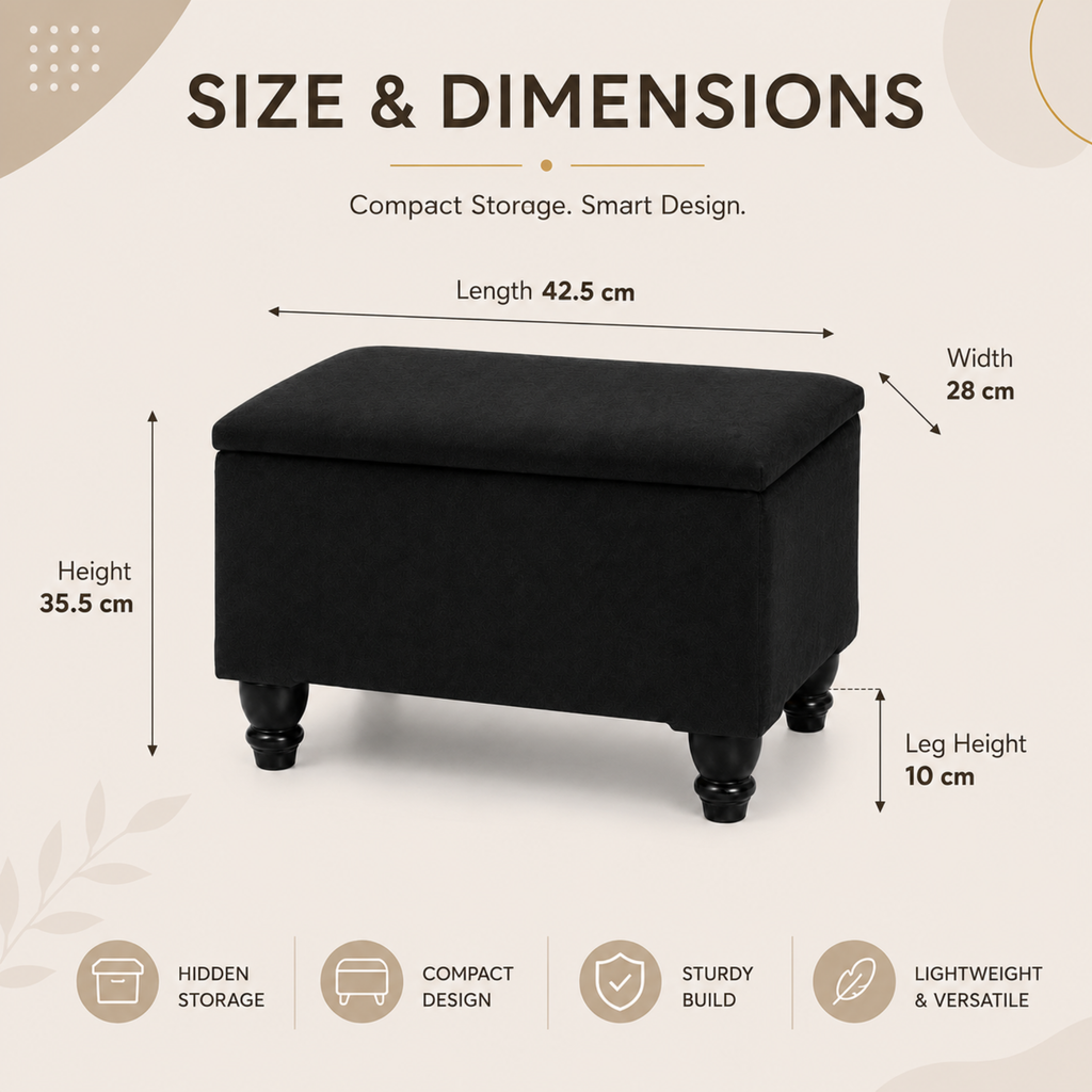 Small Ottoman Storage Footstool | Plain Top Plush Fabric Upholstered Storage Box