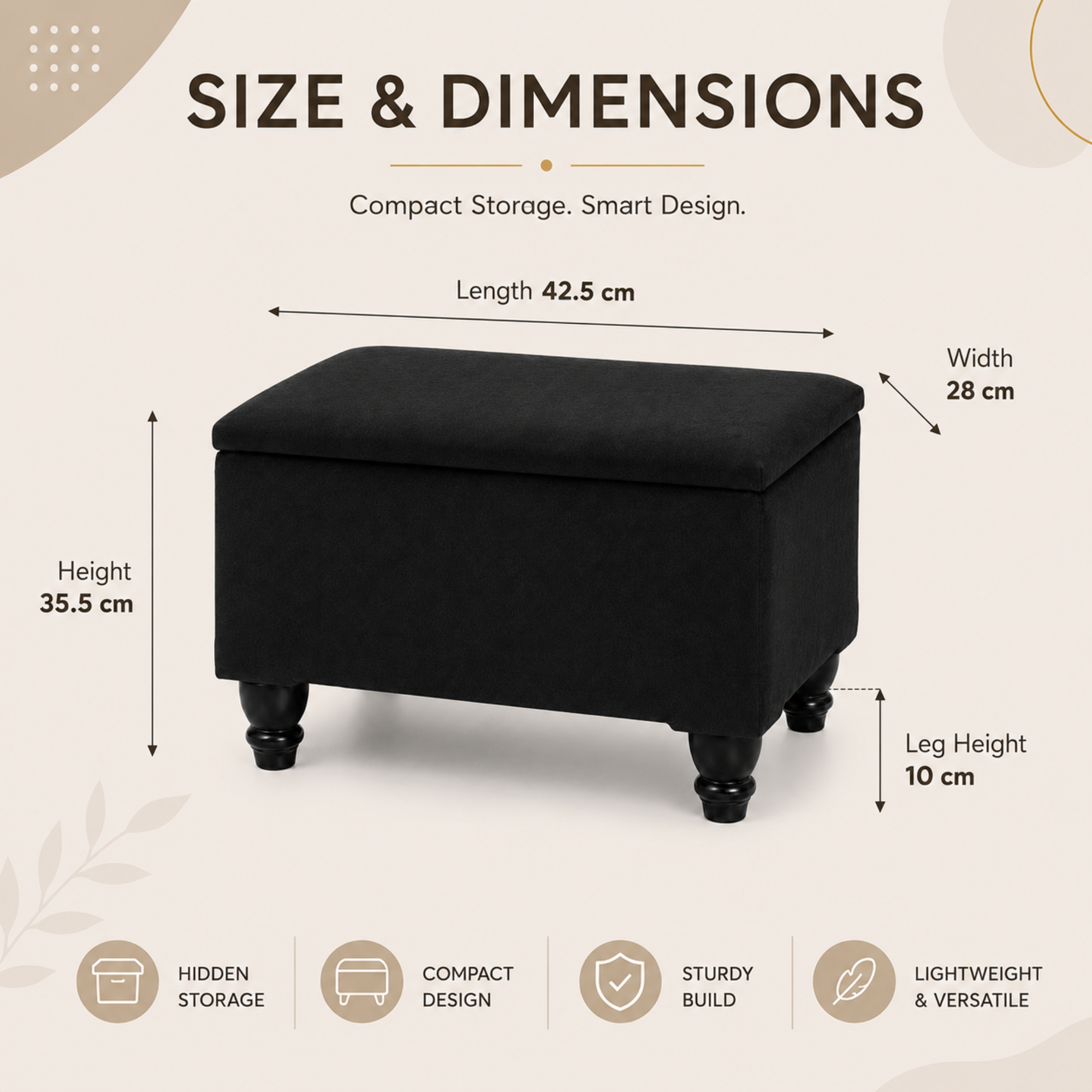 Small Ottoman Storage Footstool | Plain Top Plush Fabric Upholstered Storage Box