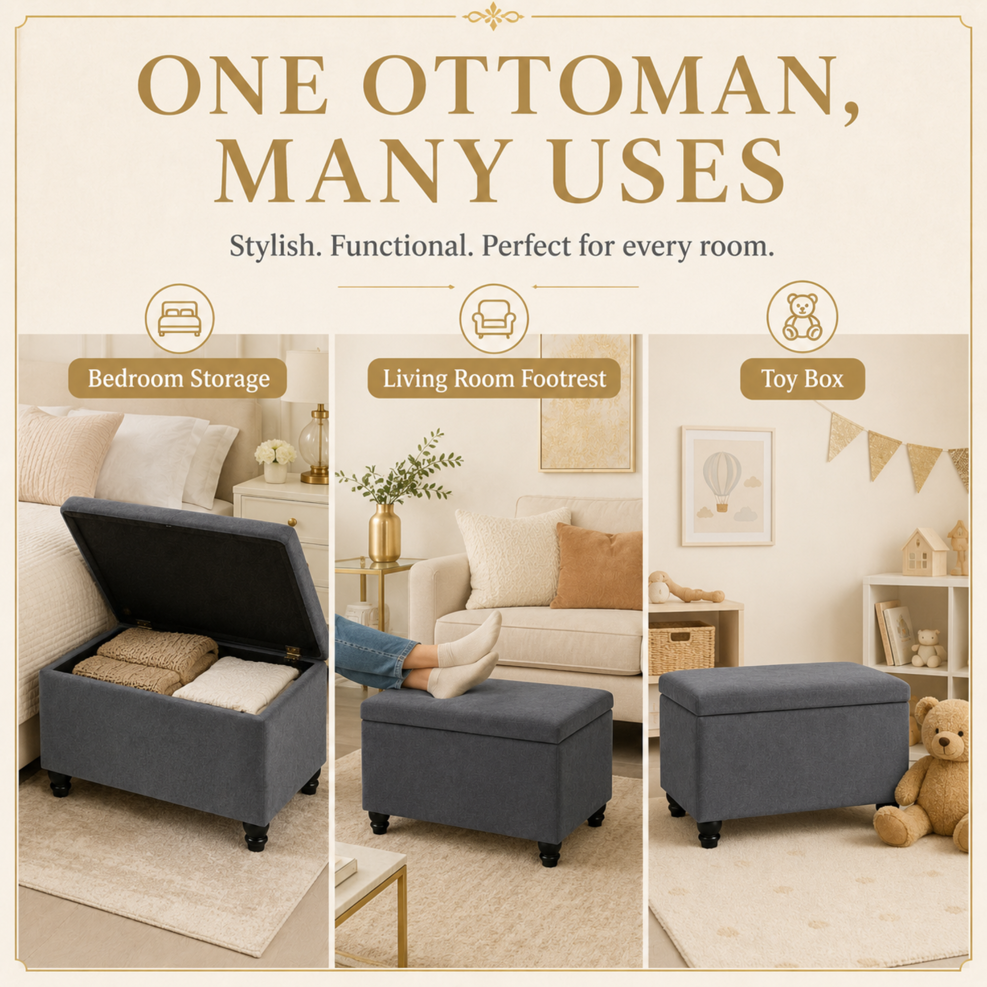 Small Ottoman Storage Footstool | Plain Top Plush Fabric Upholstered Storage Box