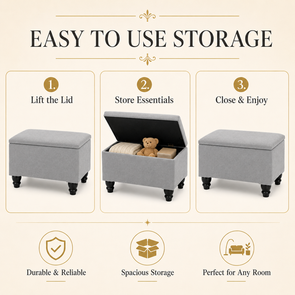 Small Ottoman Storage Footstool | Plain Top Plush Fabric Upholstered Storage Box