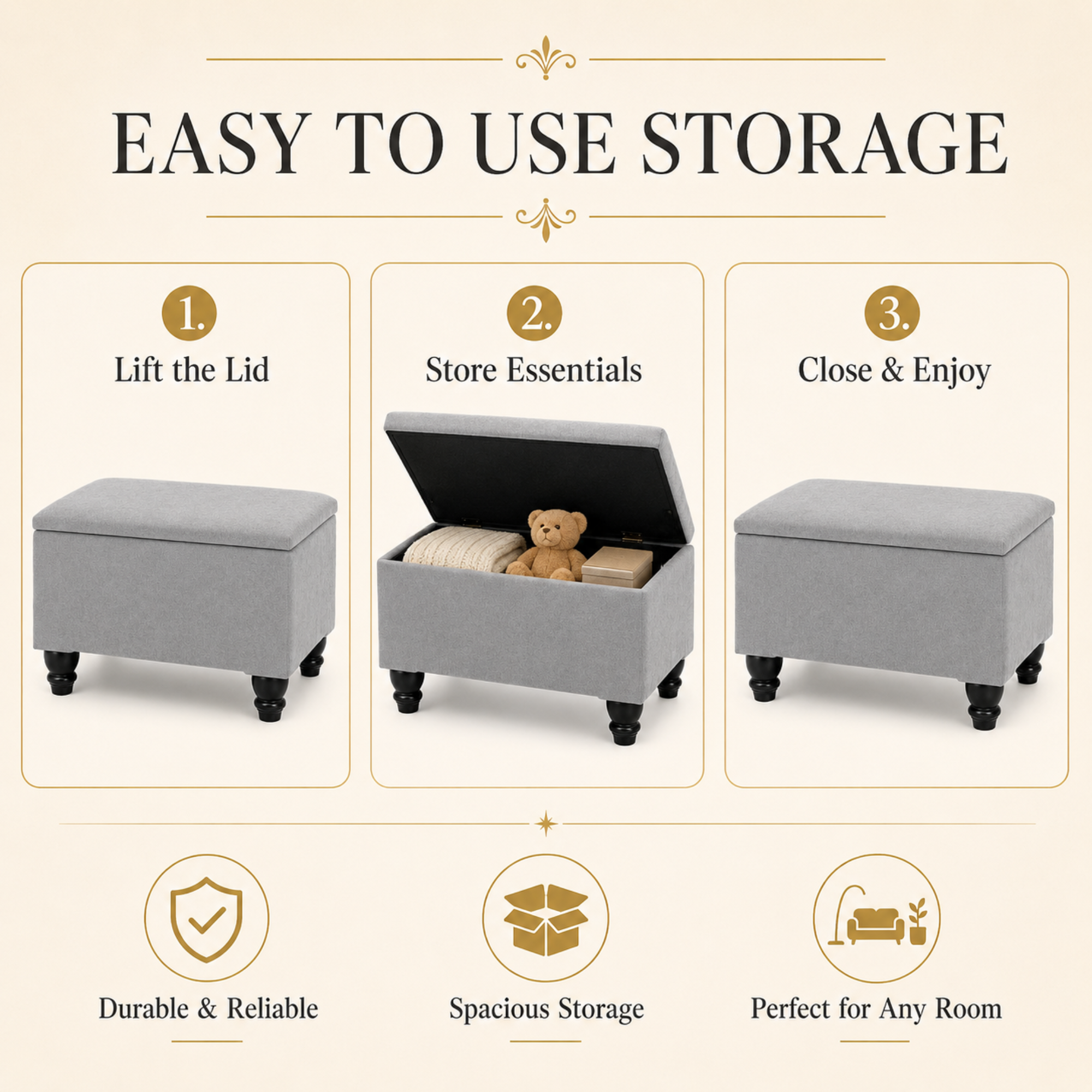 Small Ottoman Storage Footstool | Plain Top Plush Fabric Upholstered Storage Box