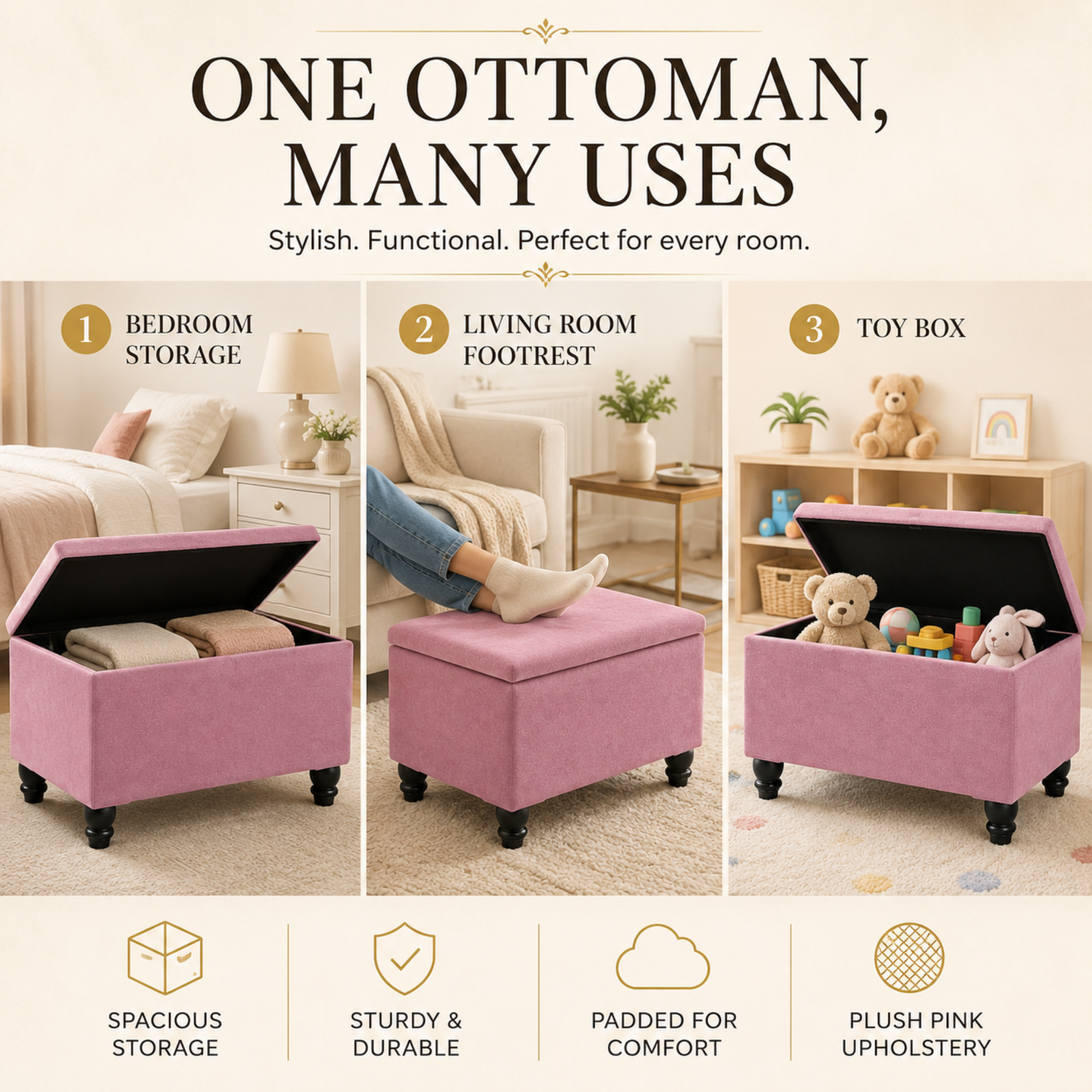 Small Ottoman Storage Footstool | Plain Top Plush Fabric Upholstered Storage Box