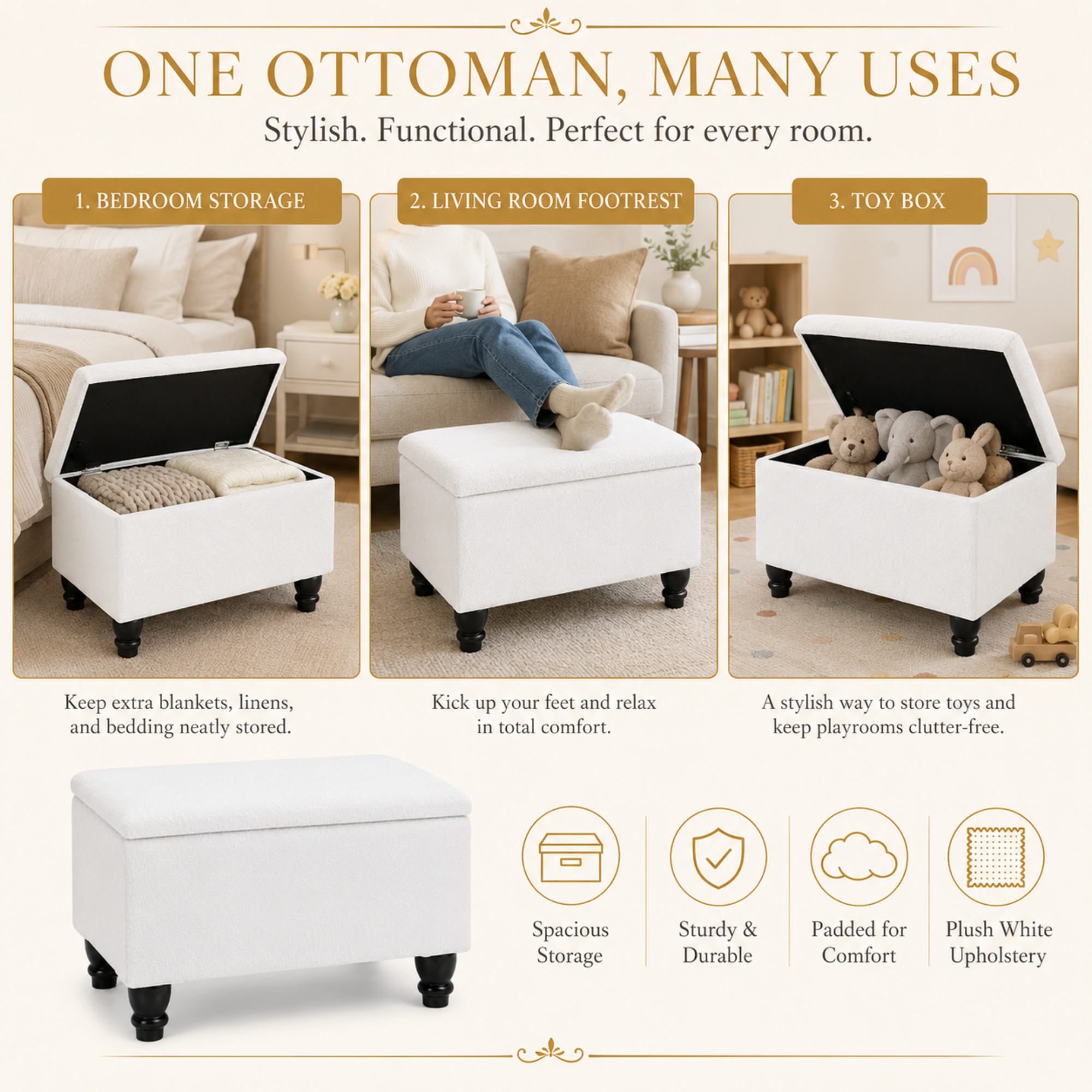 Small Ottoman Storage Footstool | Plain Top Plush Fabric Upholstered Storage Box