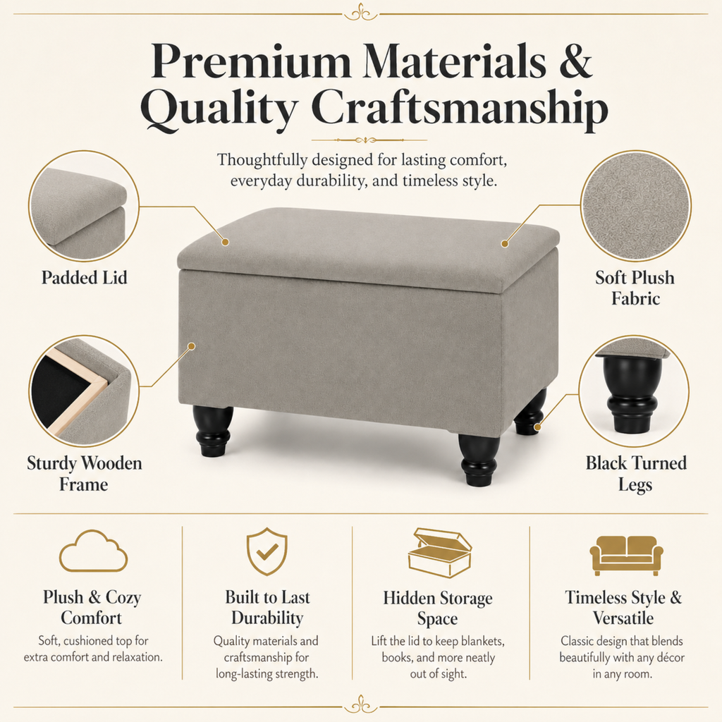 Small Ottoman Storage Footstool | Plain Top Plush Fabric Upholstered Storage Box