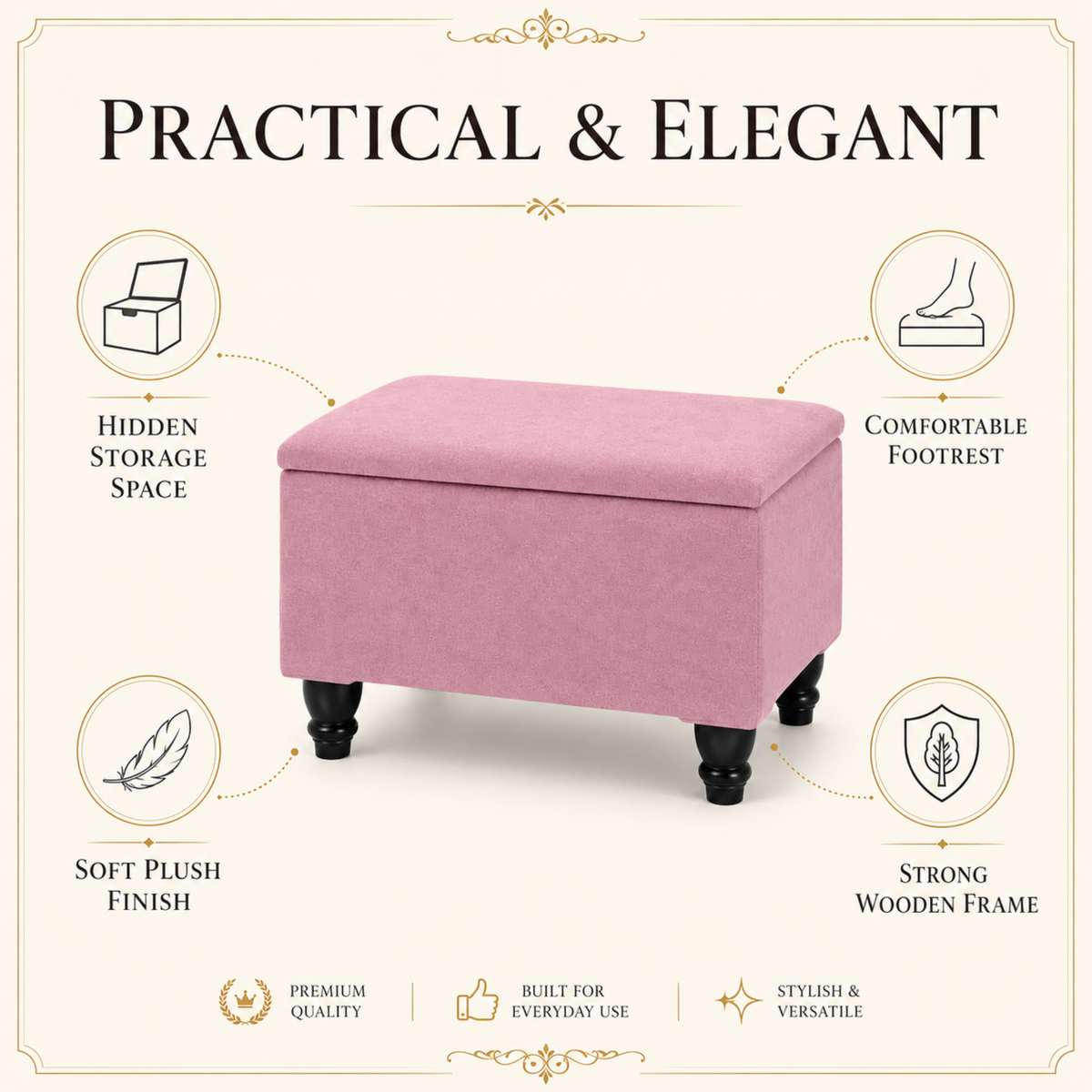 Small Ottoman Storage Footstool | Plain Top Plush Fabric Upholstered Storage Box