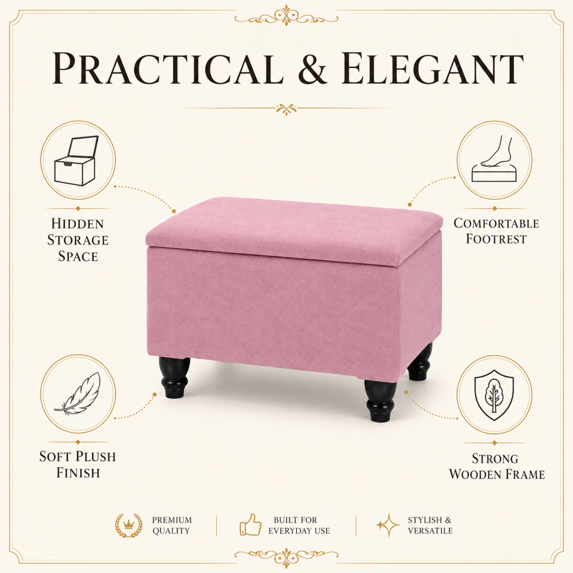Small Ottoman Storage Footstool | Plain Top Plush Fabric Upholstered Storage Box
