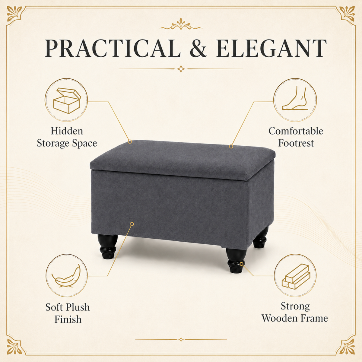 Small Ottoman Storage Footstool | Plain Top Plush Fabric Upholstered Storage Box