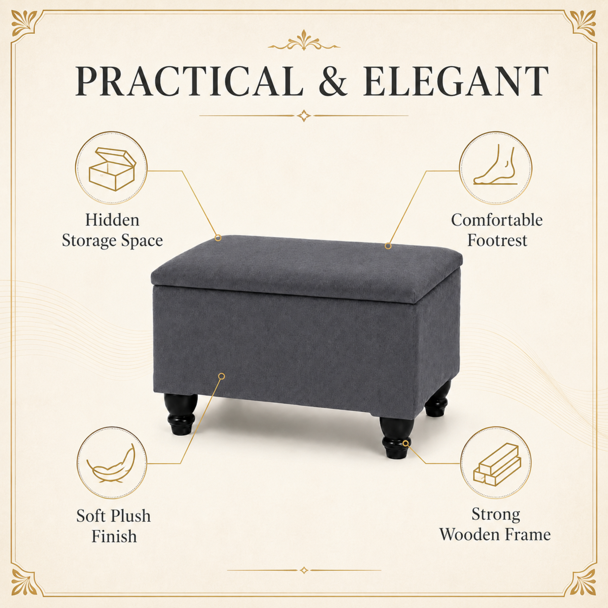 Small Ottoman Storage Footstool | Plain Top Plush Fabric Upholstered Storage Box