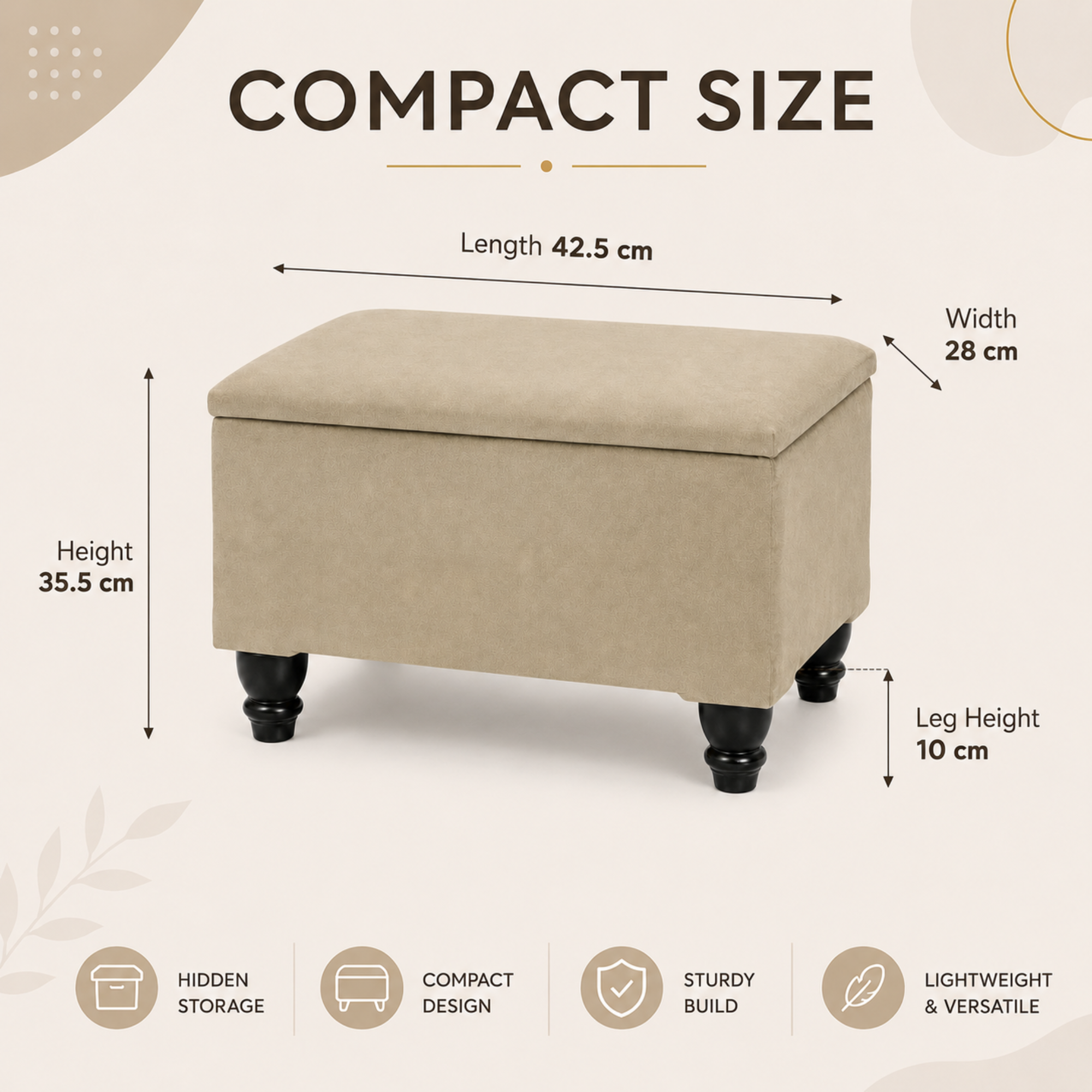Small Ottoman Storage Footstool | Plain Top Plush Fabric Upholstered Storage Box