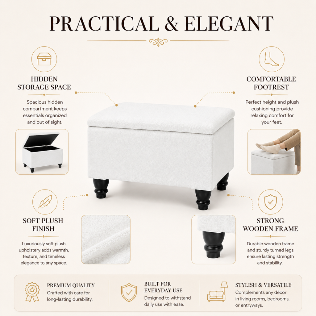 Small Ottoman Storage Footstool | Plain Top Plush Fabric Upholstered Storage Box