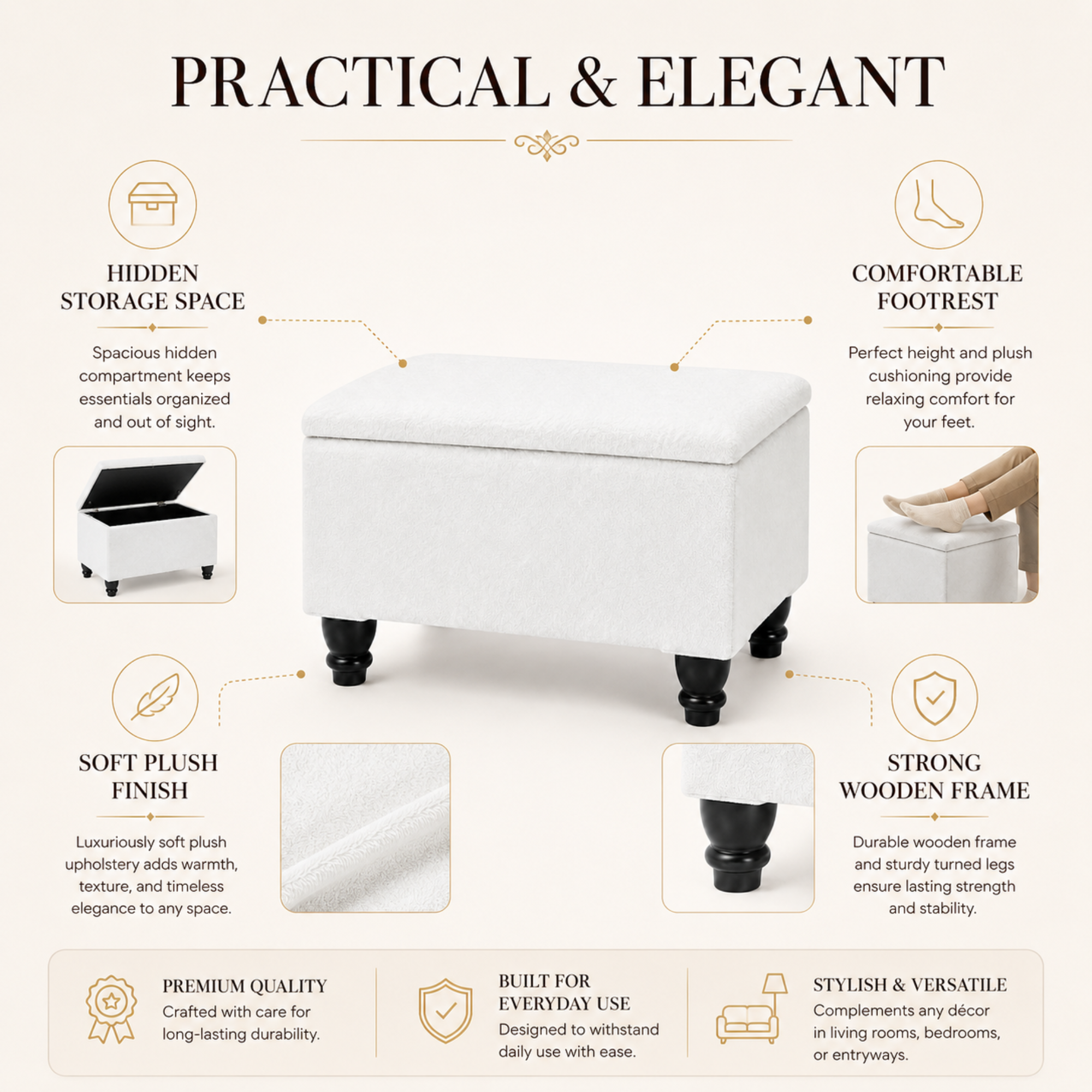 Small Ottoman Storage Footstool | Plain Top Plush Fabric Upholstered Storage Box