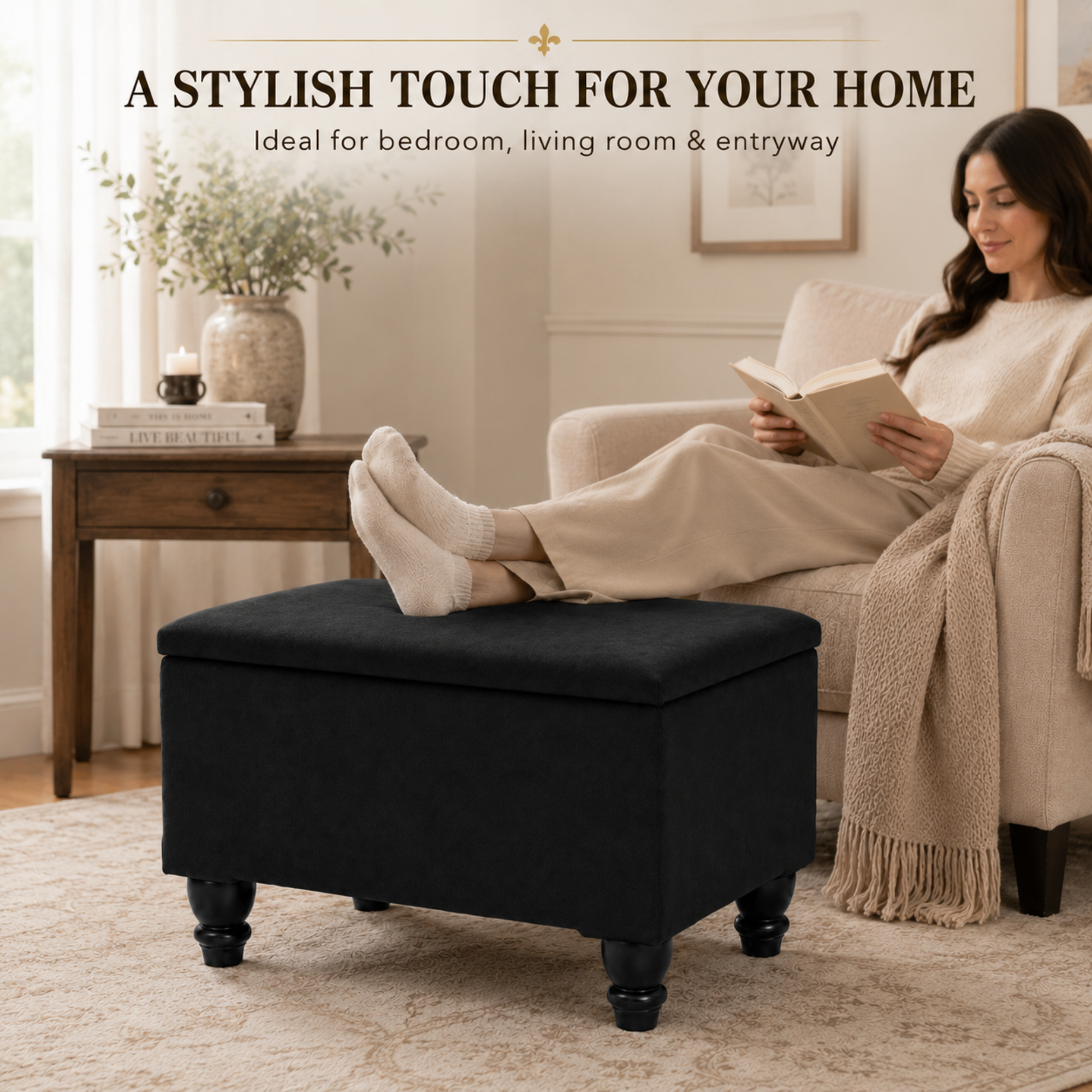 Small Ottoman Storage Footstool | Plain Top Plush Fabric Upholstered Storage Box