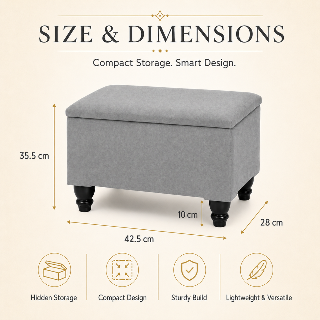 Small Ottoman Storage Footstool | Plain Top Plush Fabric Upholstered Storage Box
