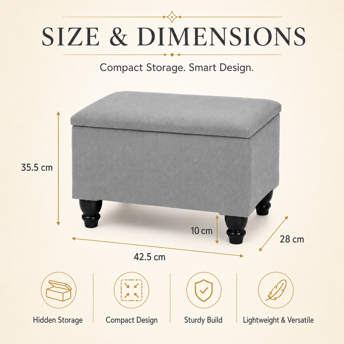 Small Ottoman Storage Footstool | Plain Top Plush Fabric Upholstered Storage Box