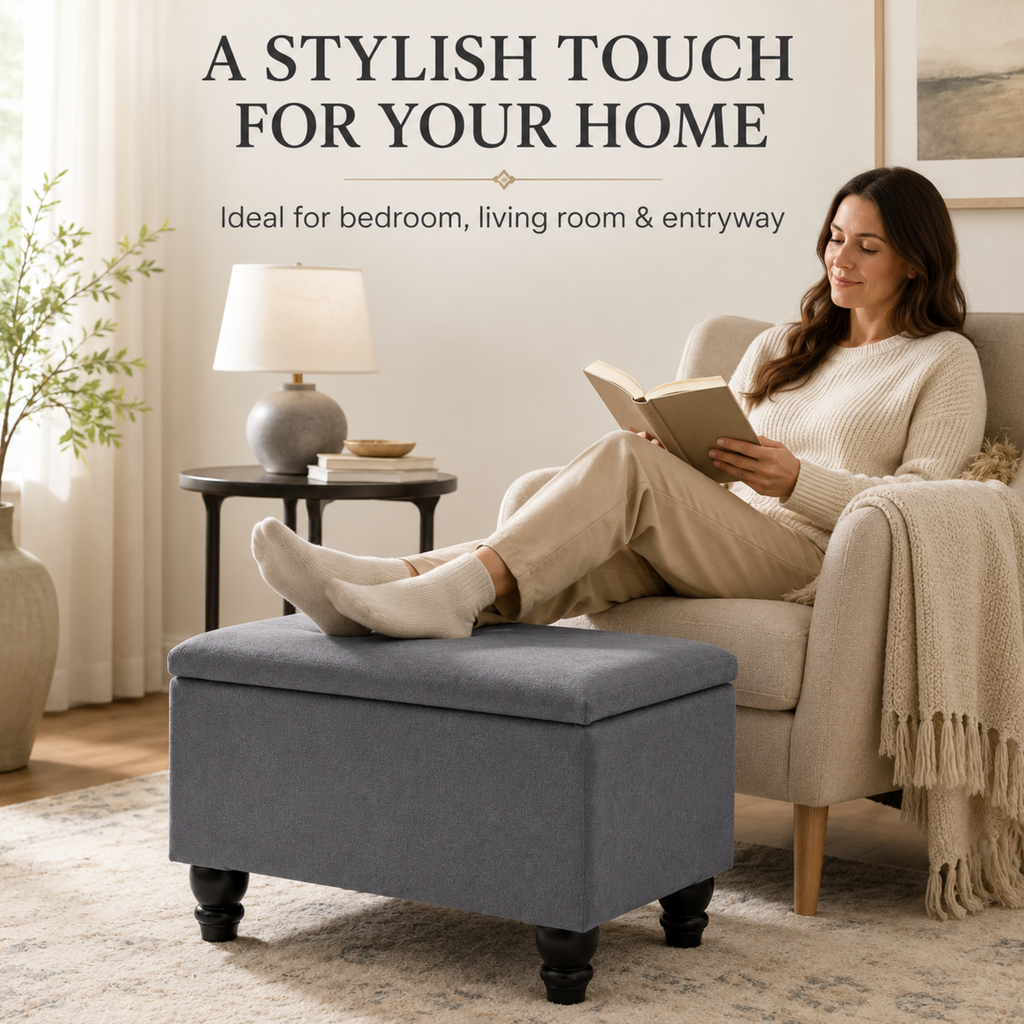 Small Ottoman Storage Footstool | Plain Top Plush Fabric Upholstered Storage Box