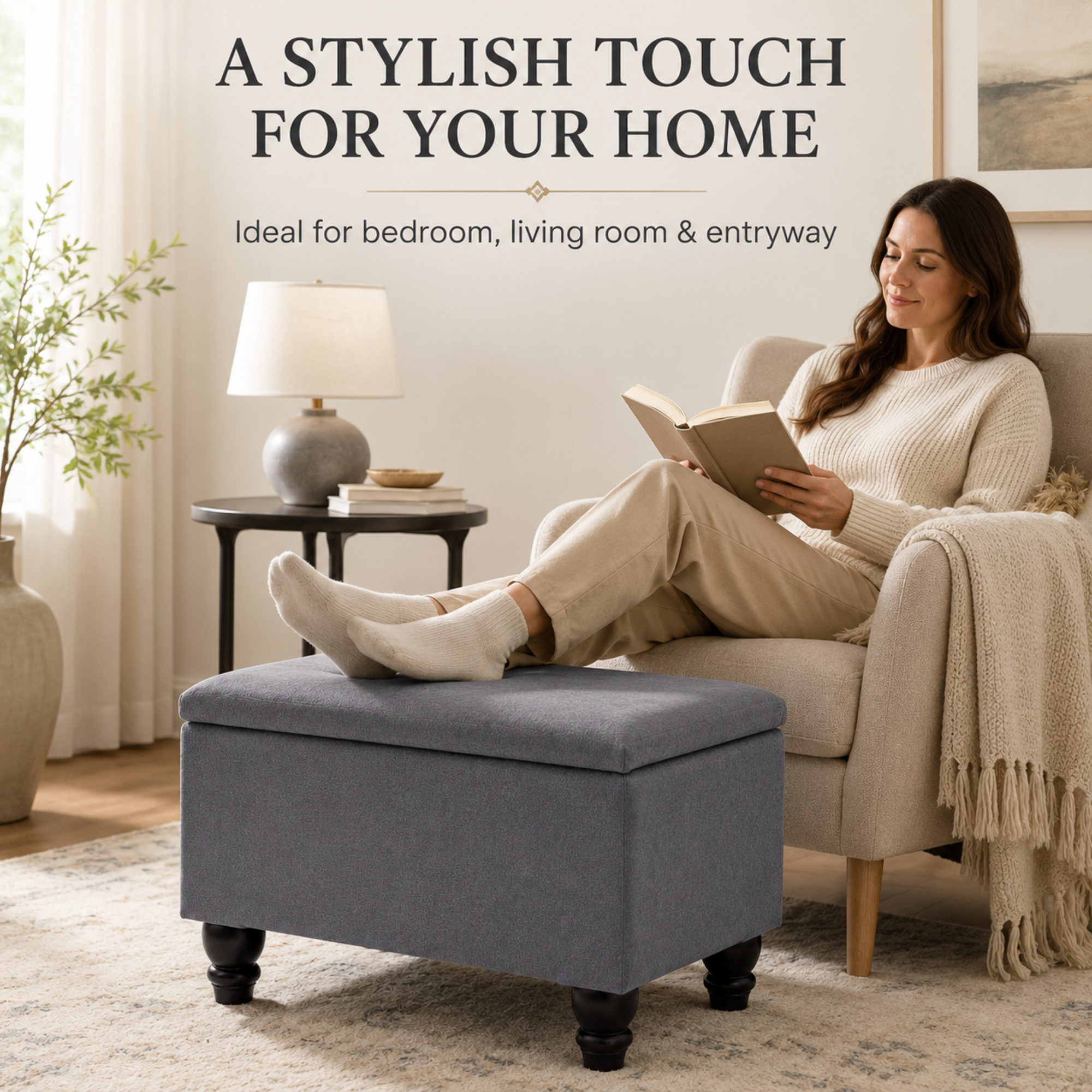 Small Ottoman Storage Footstool | Plain Top Plush Fabric Upholstered Storage Box