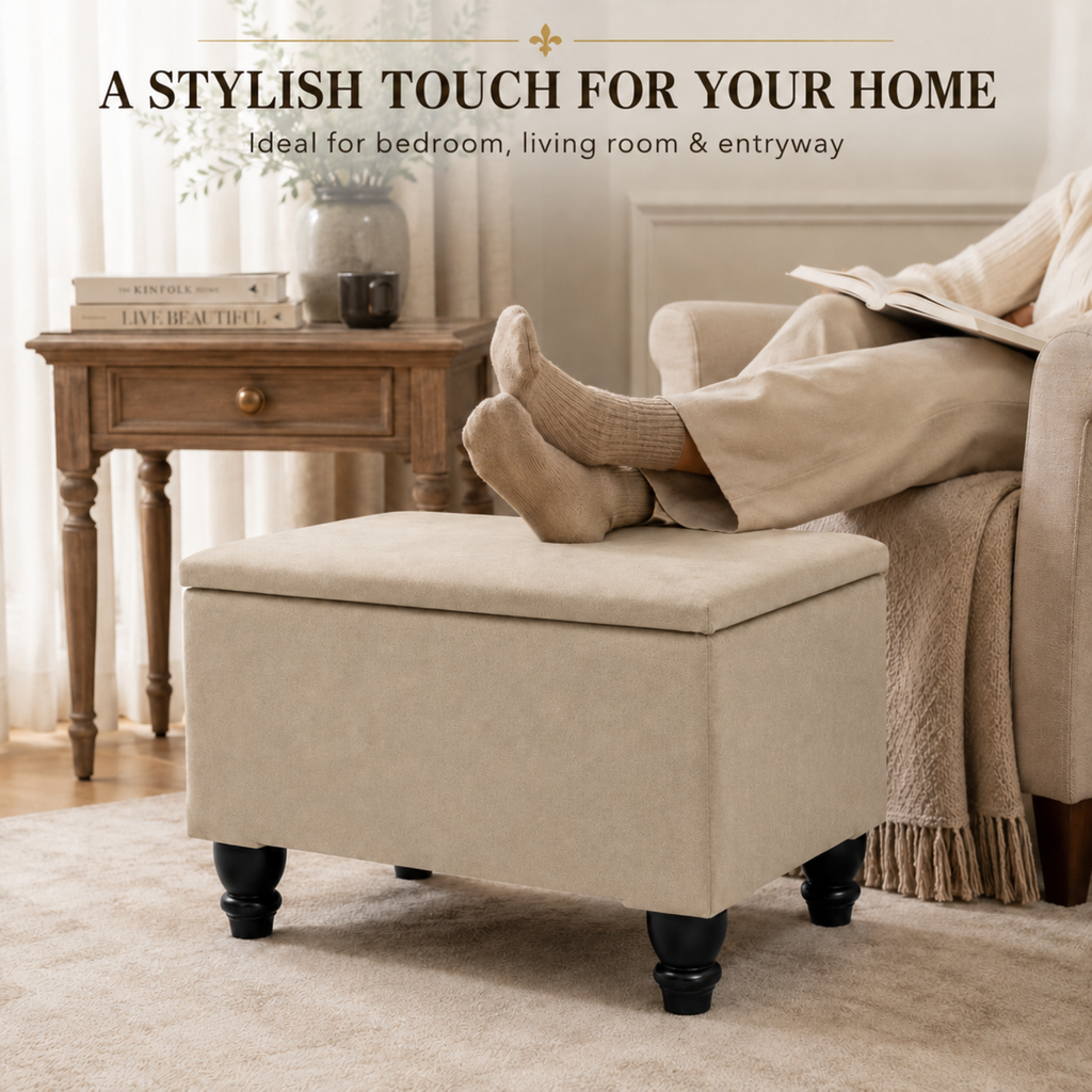 Small Ottoman Storage Footstool | Plain Top Plush Fabric Upholstered Storage Box