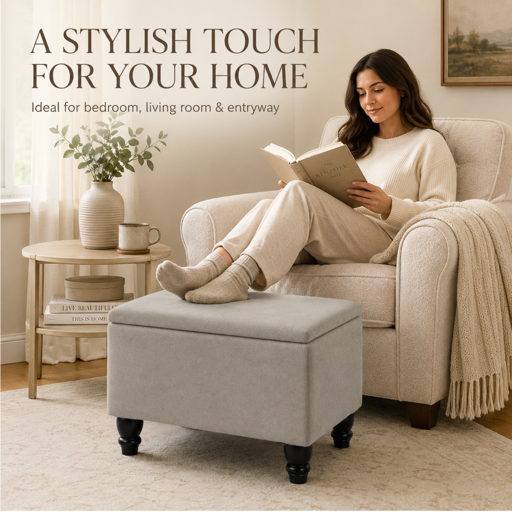 Small Ottoman Storage Footstool | Plain Top Plush Fabric Upholstered Storage Box