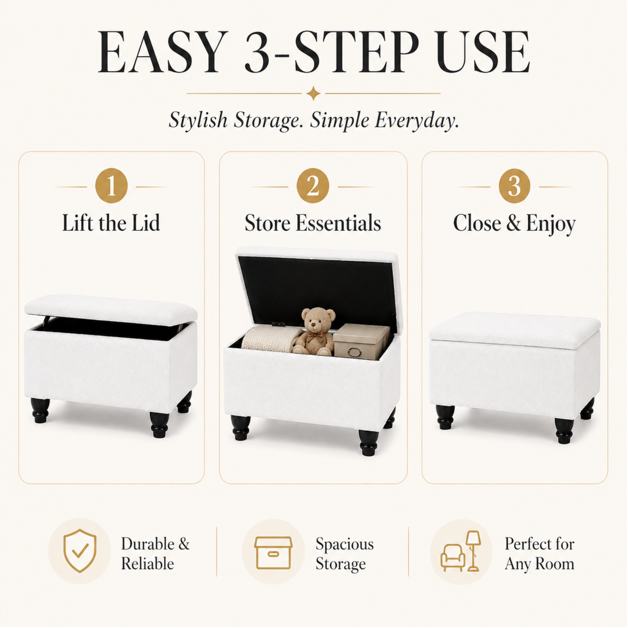 Small Ottoman Storage Footstool | Plain Top Plush Fabric Upholstered Storage Box