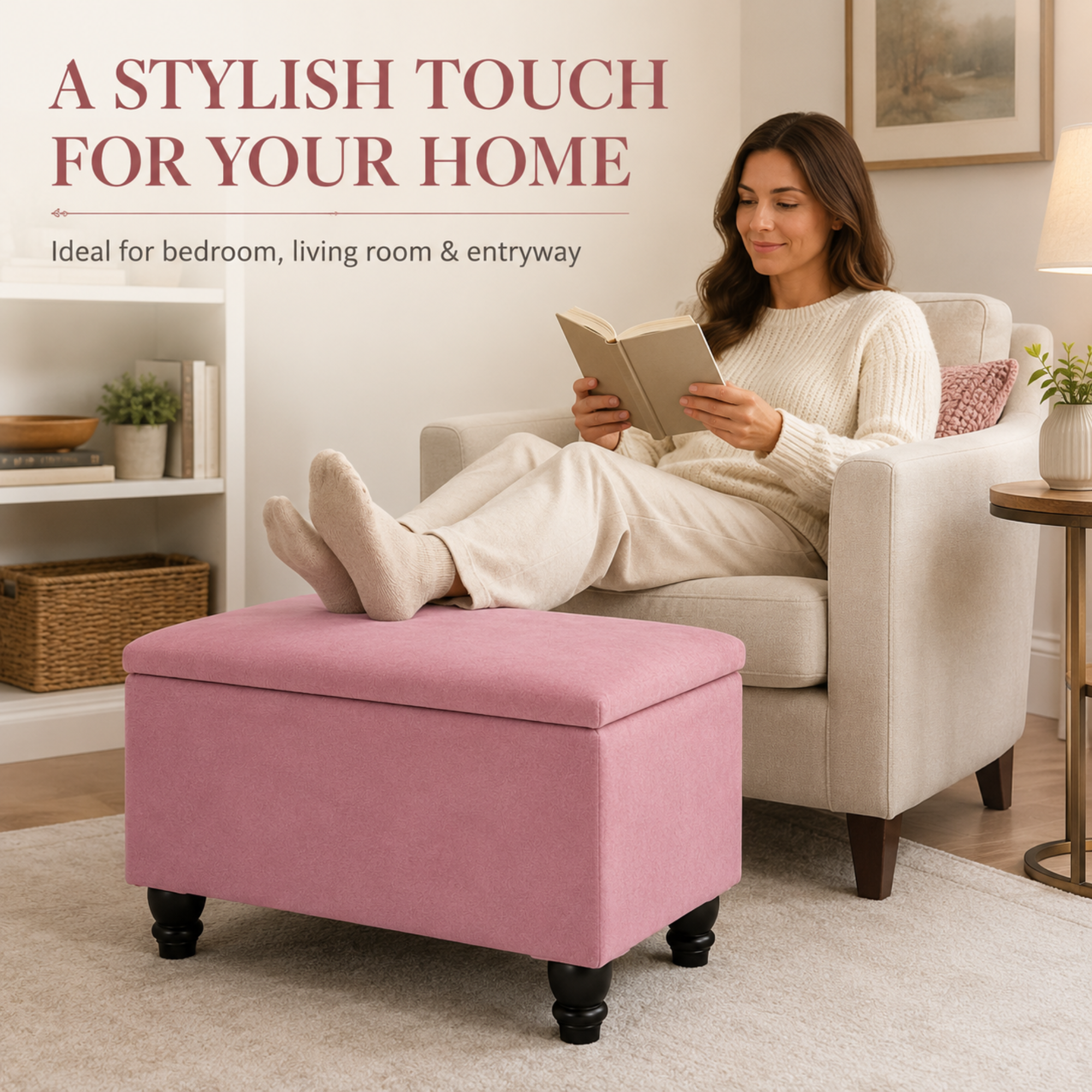 Small Ottoman Storage Footstool | Plain Top Plush Fabric Upholstered Storage Box