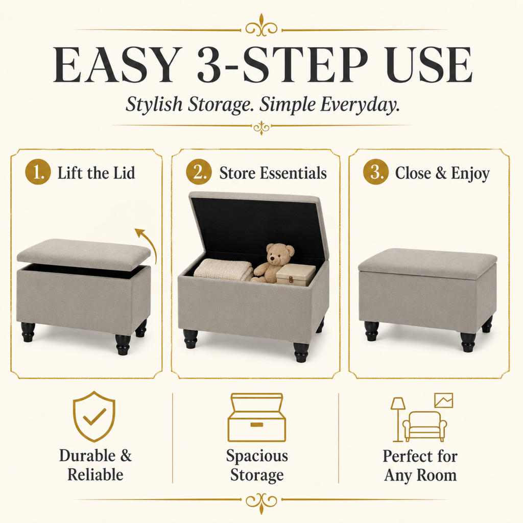 Small Ottoman Storage Footstool | Plain Top Plush Fabric Upholstered Storage Box