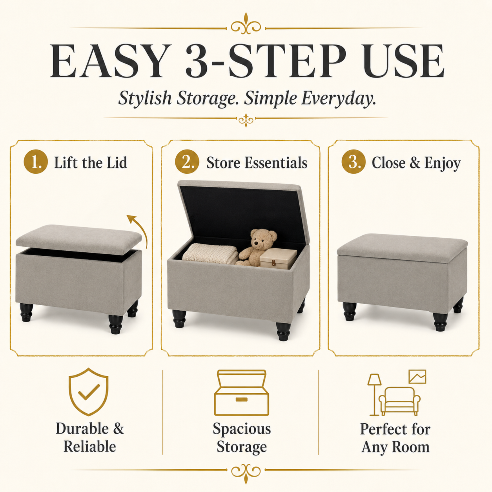 Small Ottoman Storage Footstool | Plain Top Plush Fabric Upholstered Storage Box
