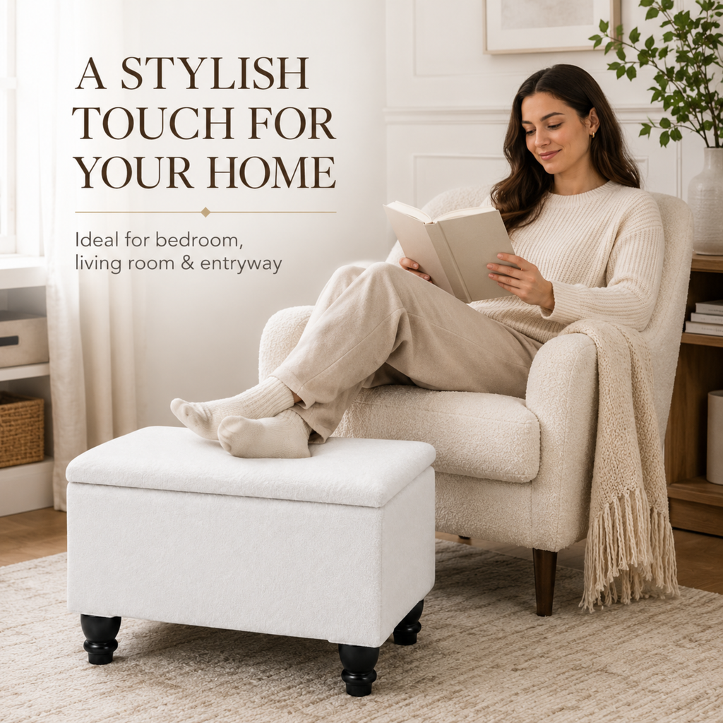 Small Ottoman Storage Footstool | Plain Top Plush Fabric Upholstered Storage Box