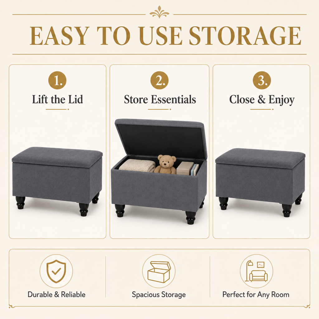 Small Ottoman Storage Footstool | Plain Top Plush Fabric Upholstered Storage Box