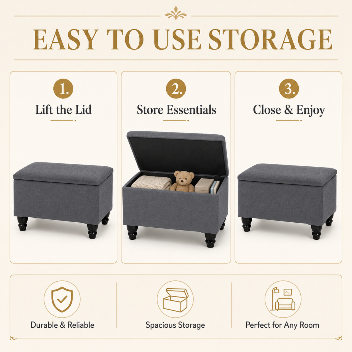Small Ottoman Storage Footstool | Plain Top Plush Fabric Upholstered Storage Box