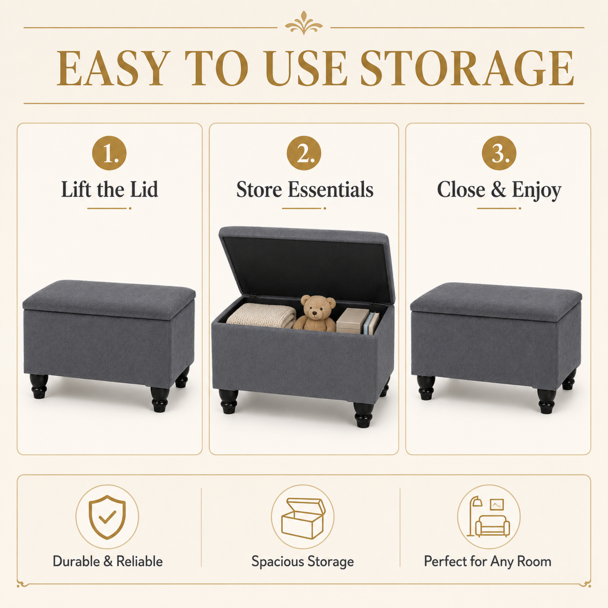Small Ottoman Storage Footstool | Plain Top Plush Fabric Upholstered Storage Box