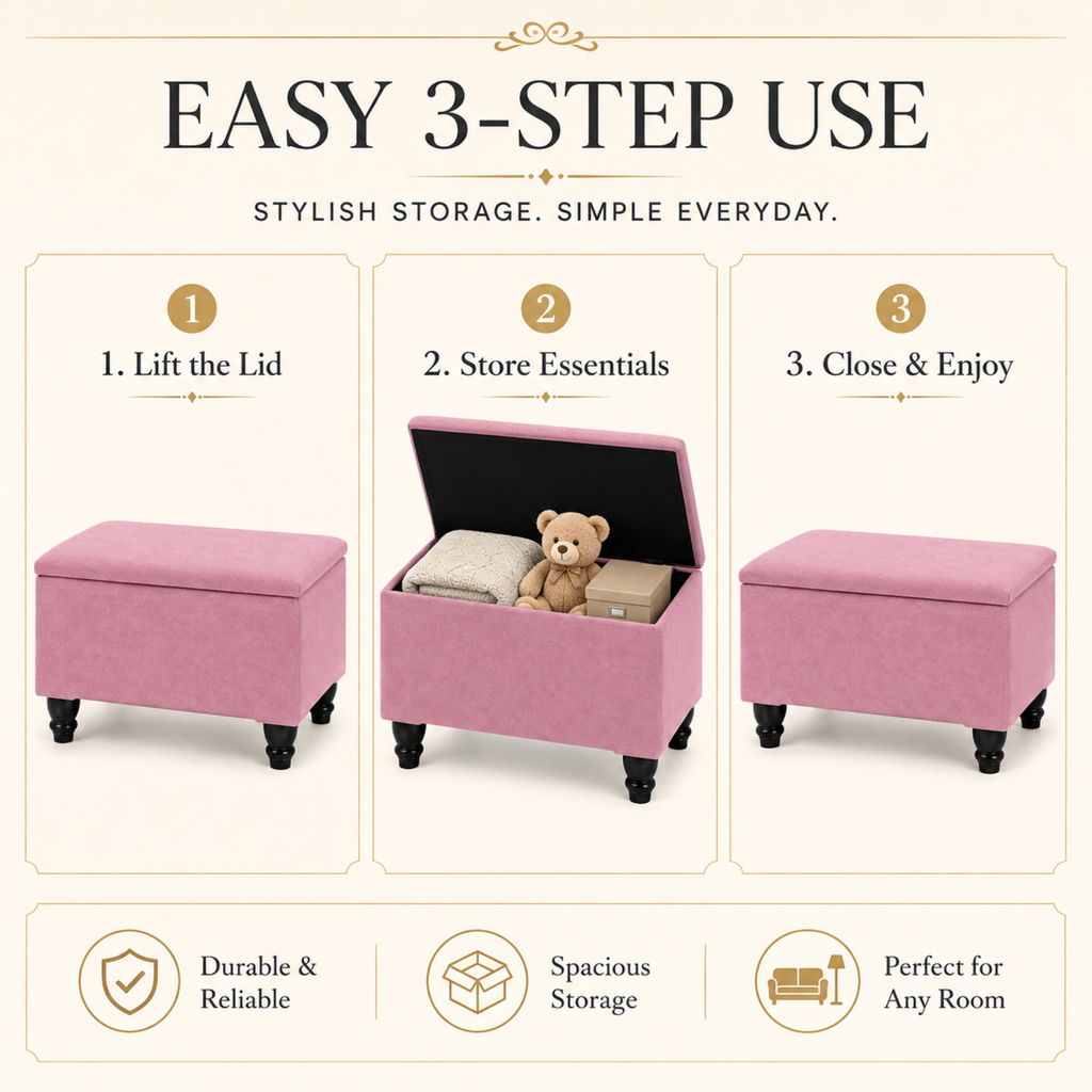 Small Ottoman Storage Footstool | Plain Top Plush Fabric Upholstered Storage Box
