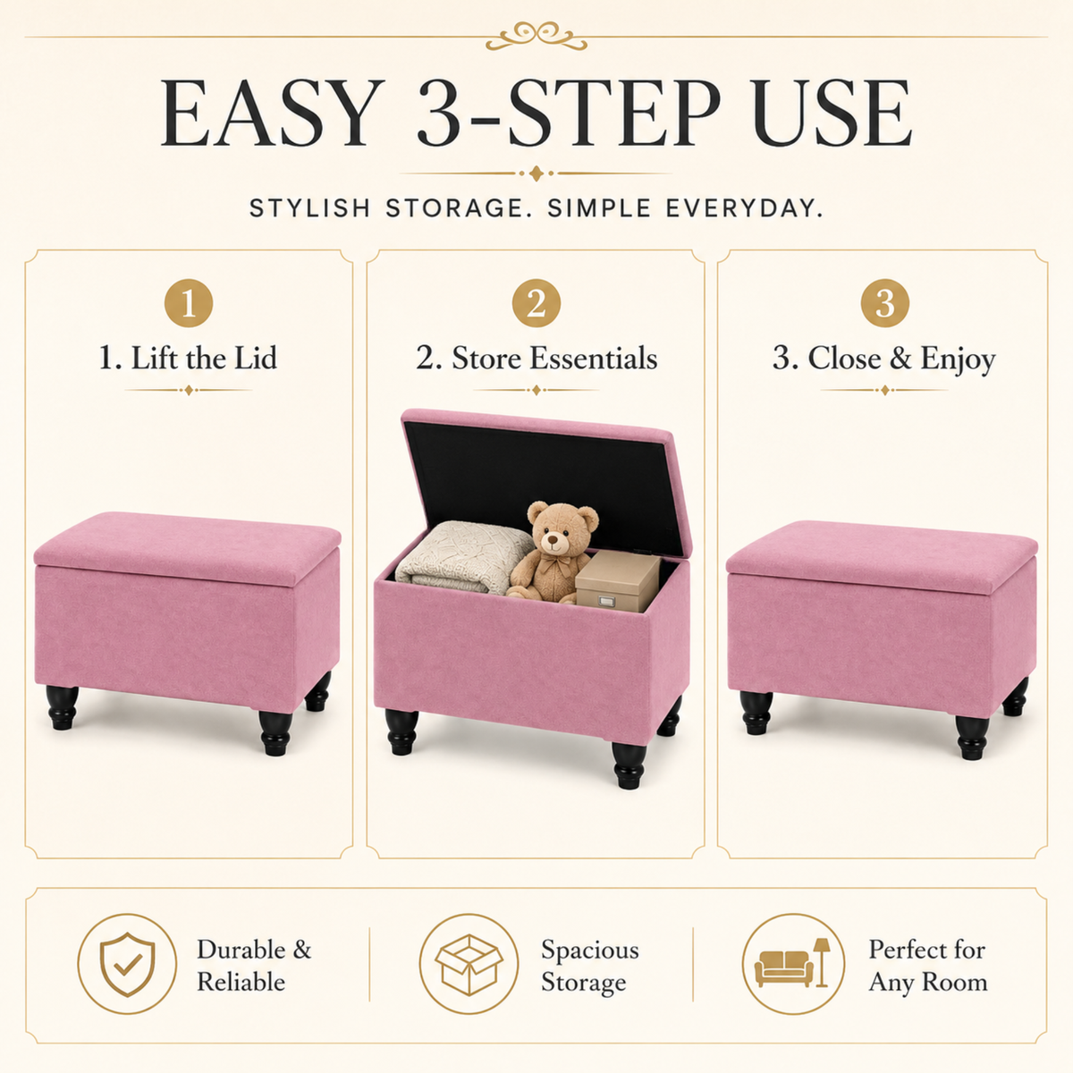 Small Ottoman Storage Footstool | Plain Top Plush Fabric Upholstered Storage Box