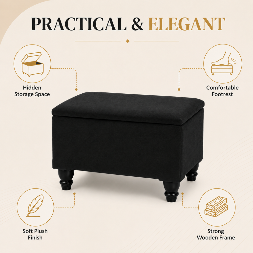 Small Ottoman Storage Footstool | Plain Top Plush Fabric Upholstered Storage Box