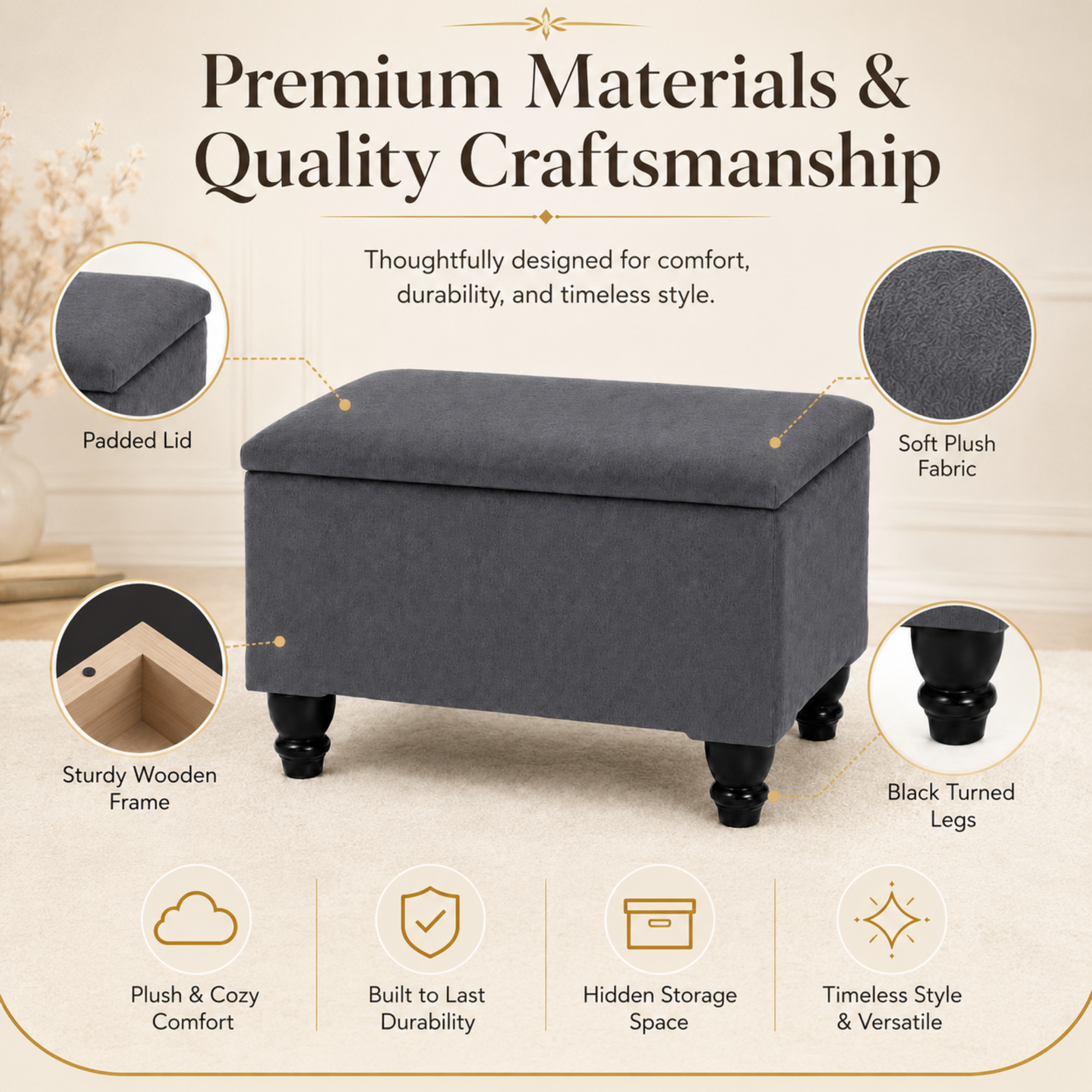 Small Ottoman Storage Footstool | Plain Top Plush Fabric Upholstered Storage Box