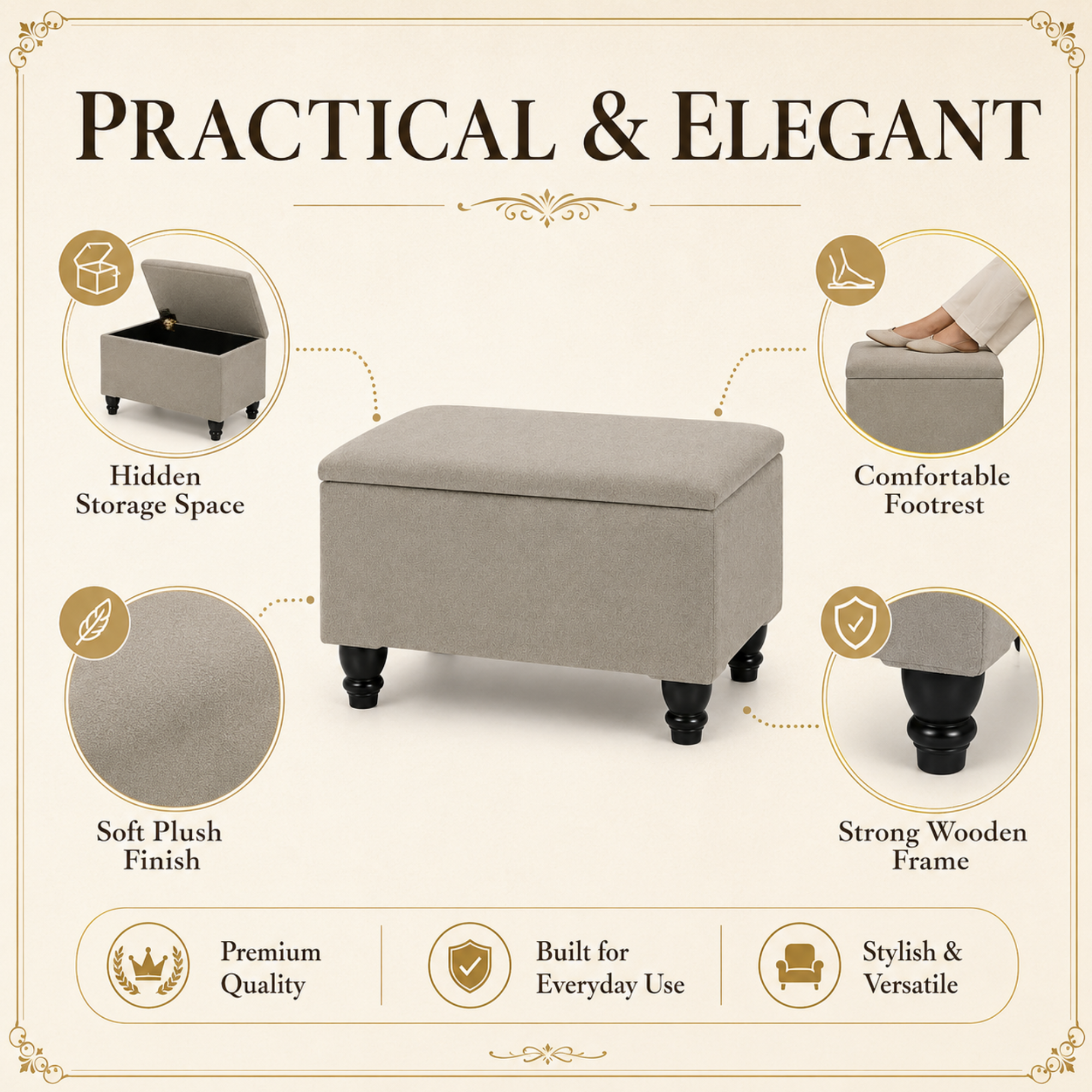 Small Ottoman Storage Footstool | Plain Top Plush Fabric Upholstered Storage Box