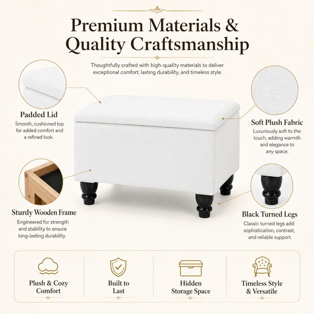 Small Ottoman Storage Footstool | Plain Top Plush Fabric Upholstered Storage Box