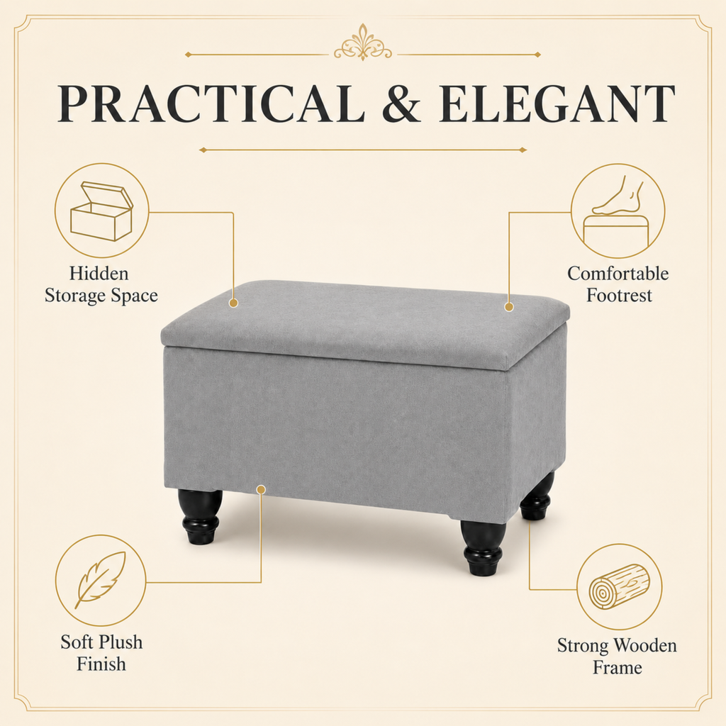 Small Ottoman Storage Footstool | Plain Top Plush Fabric Upholstered Storage Box