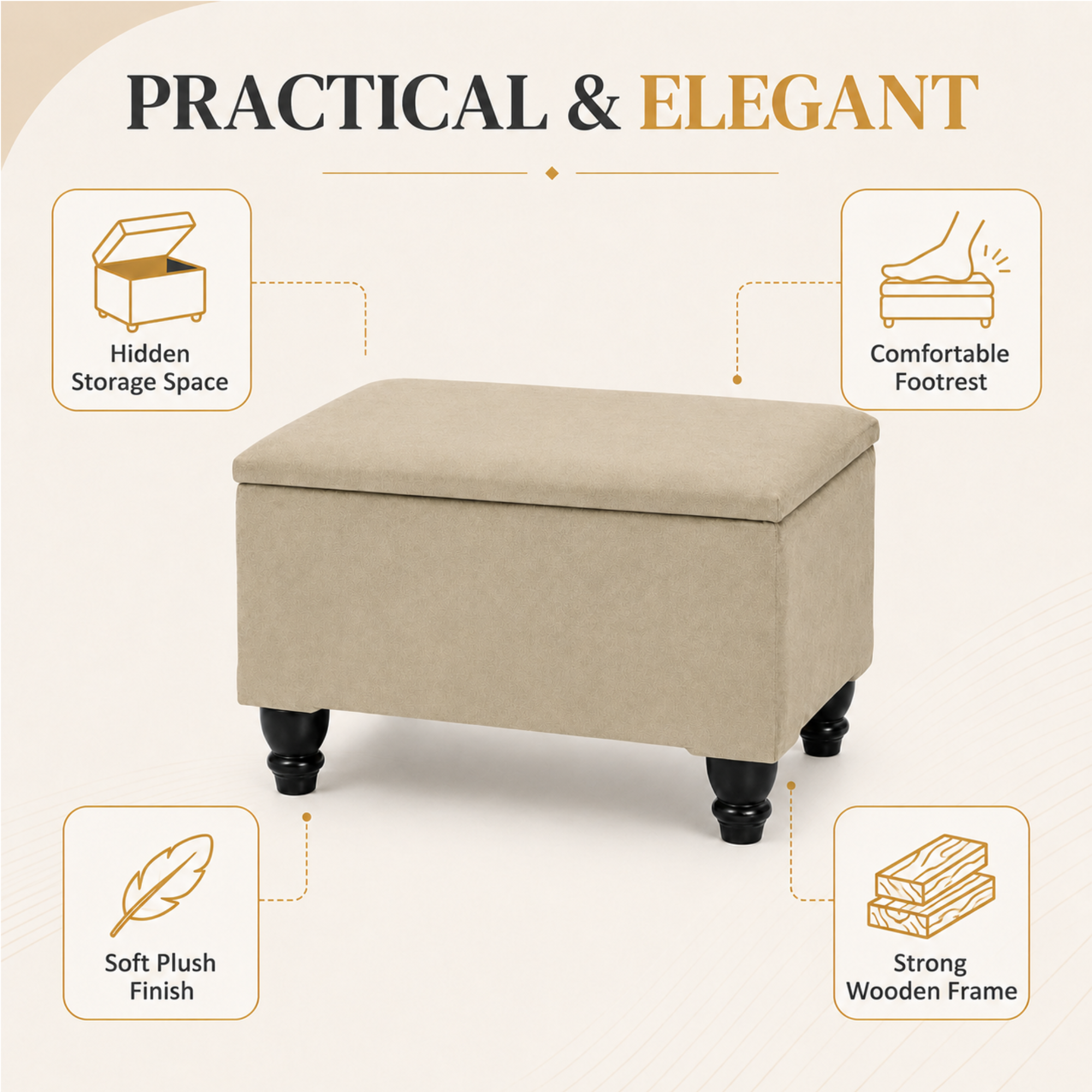 Small Ottoman Storage Footstool | Plain Top Plush Fabric Upholstered Storage Box