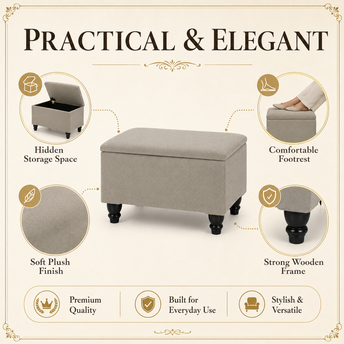 Small Ottoman Storage Footstool | Plain Top Plush Fabric Upholstered Storage Box