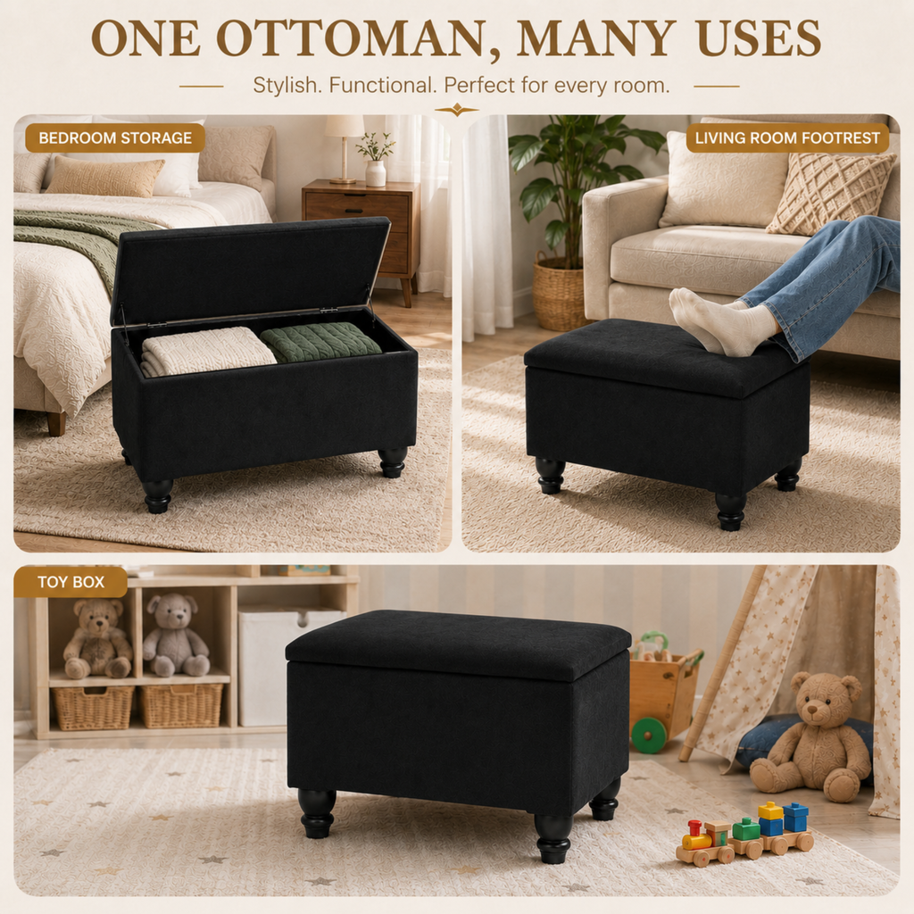 Small Ottoman Storage Footstool | Plain Top Plush Fabric Upholstered Storage Box