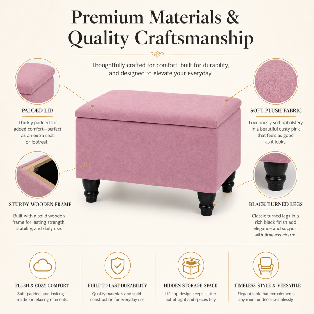 Small Ottoman Storage Footstool | Plain Top Plush Fabric Upholstered Storage Box