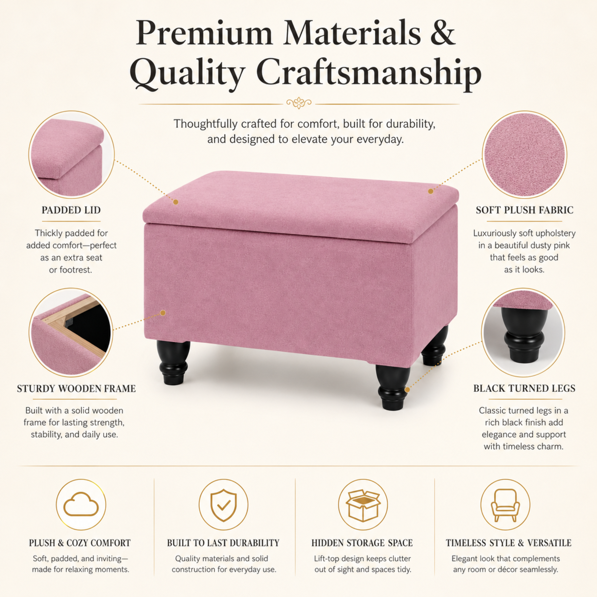 Small Ottoman Storage Footstool | Plain Top Plush Fabric Upholstered Storage Box