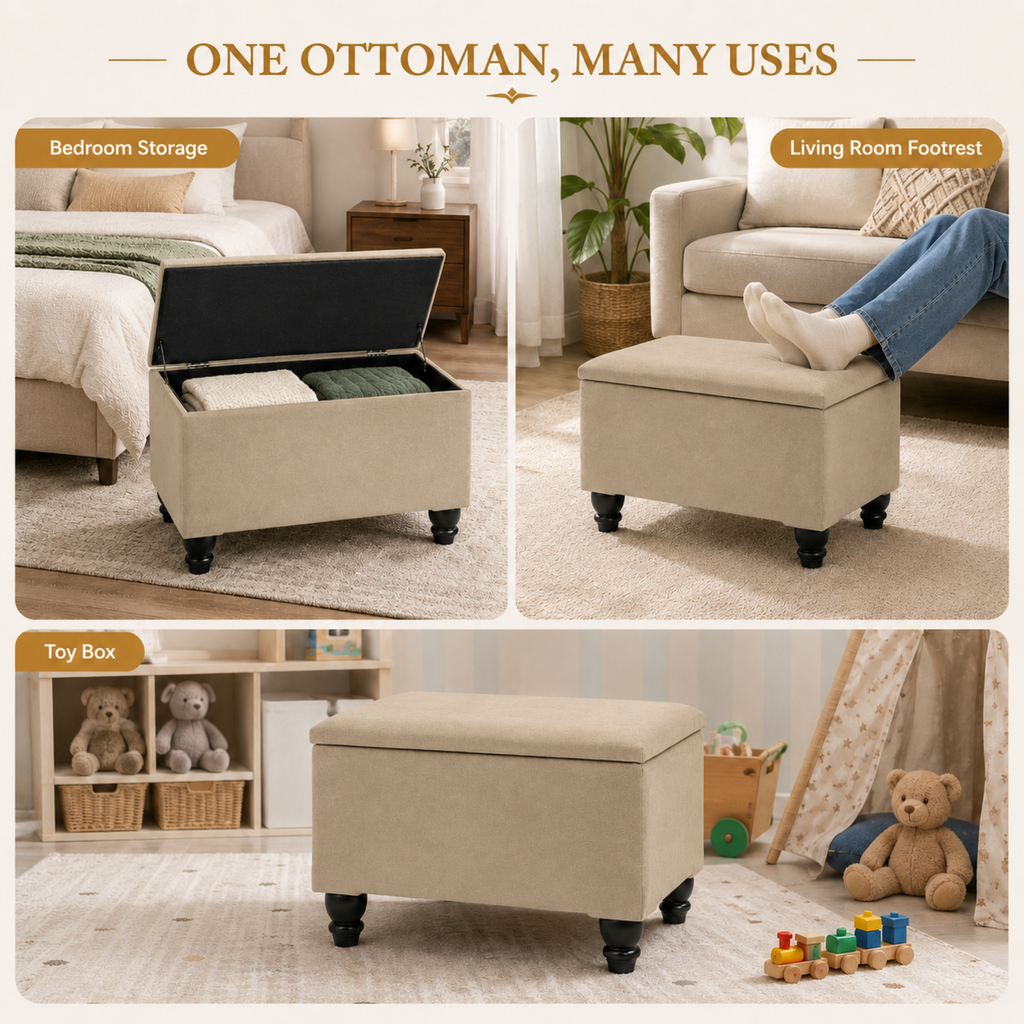 Small Ottoman Storage Footstool | Plain Top Plush Fabric Upholstered Storage Box