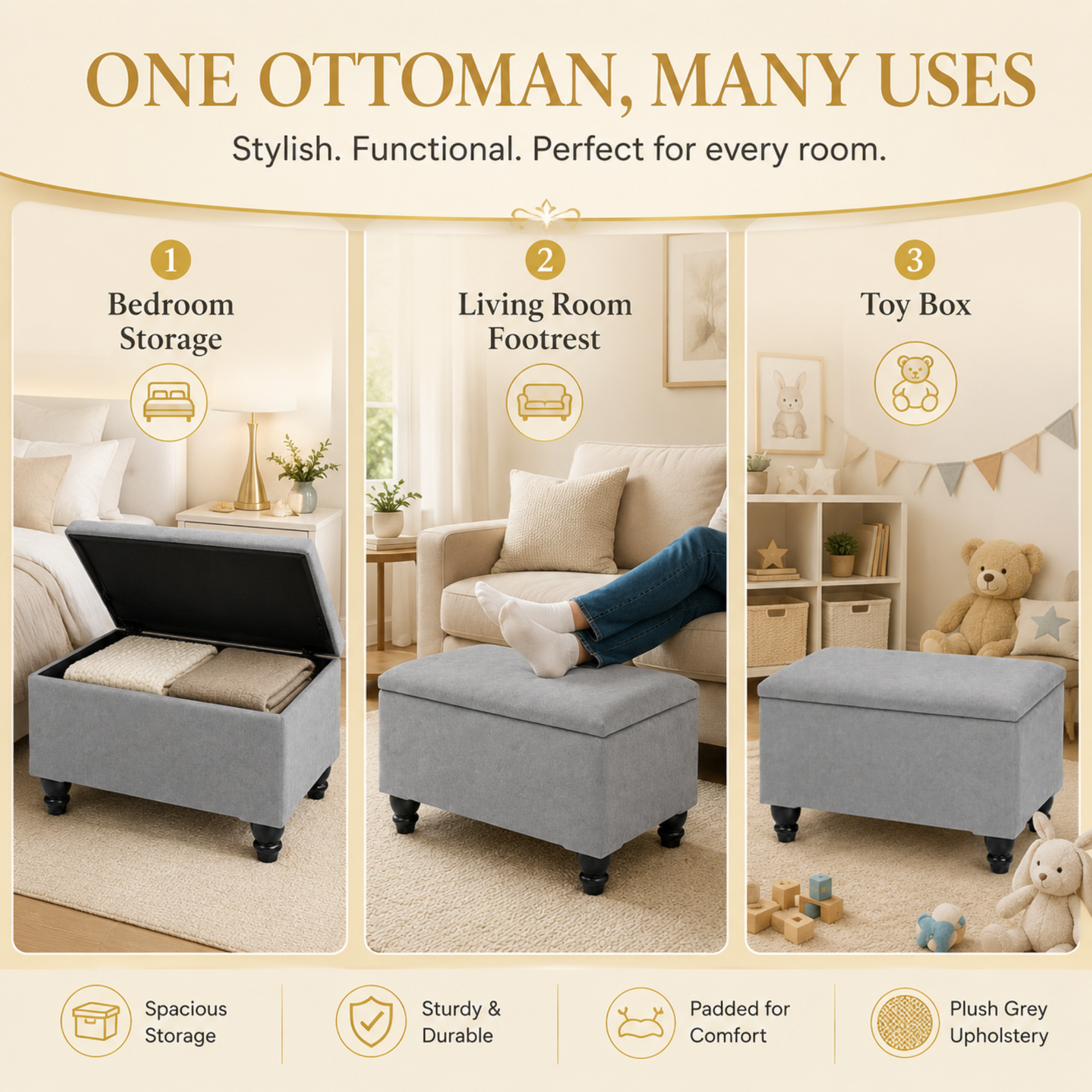 Small Ottoman Storage Footstool | Plain Top Plush Fabric Upholstered Storage Box