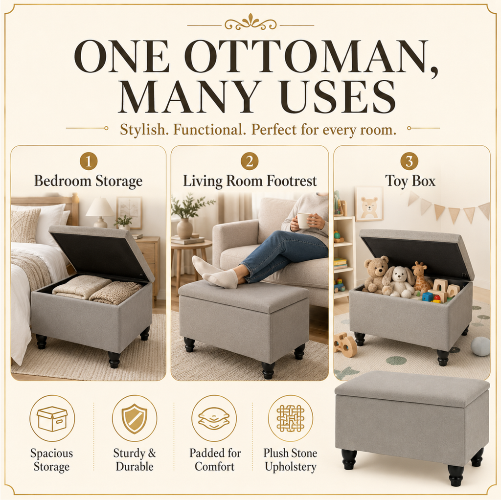 Small Ottoman Storage Footstool | Plain Top Plush Fabric Upholstered Storage Box