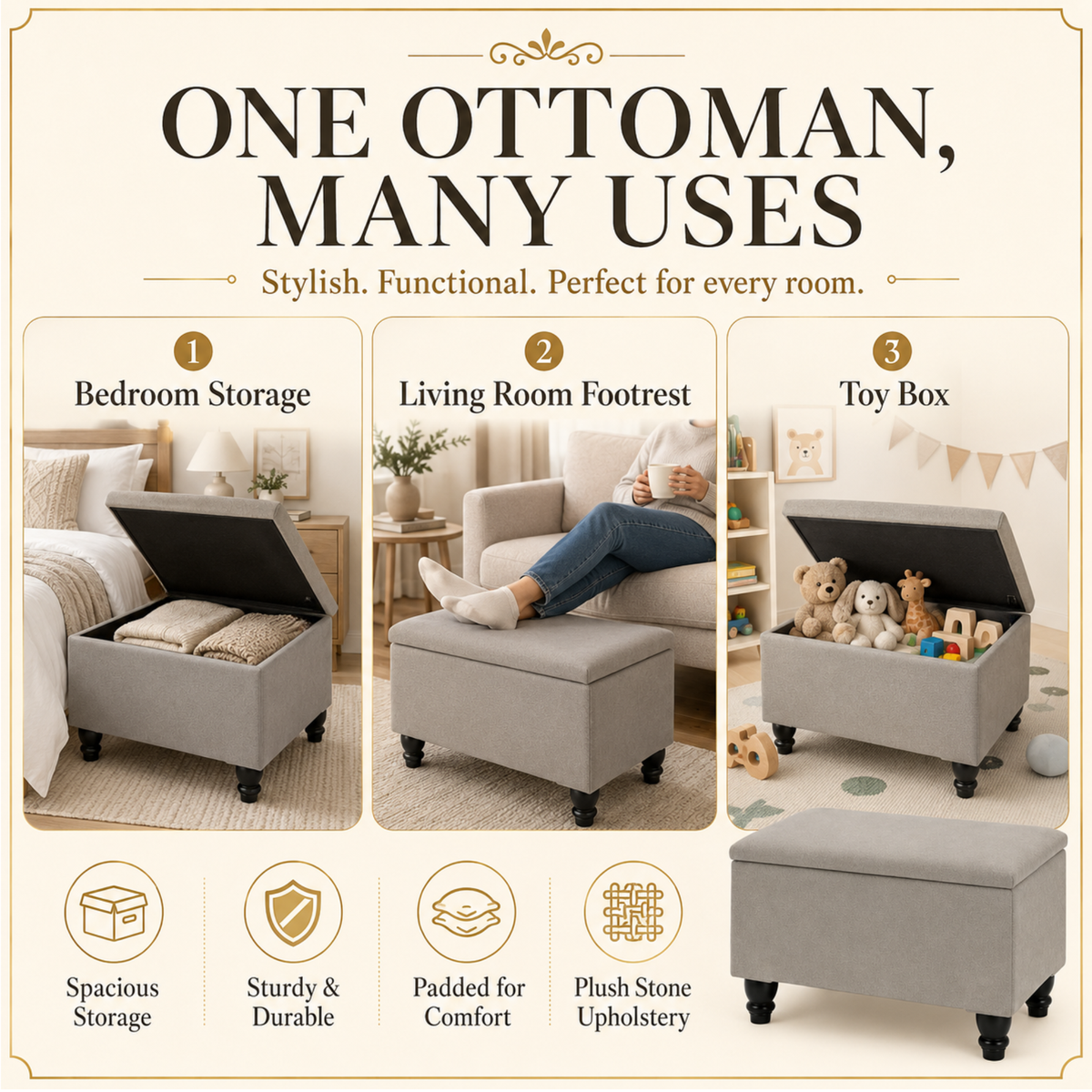 Small Ottoman Storage Footstool | Plain Top Plush Fabric Upholstered Storage Box