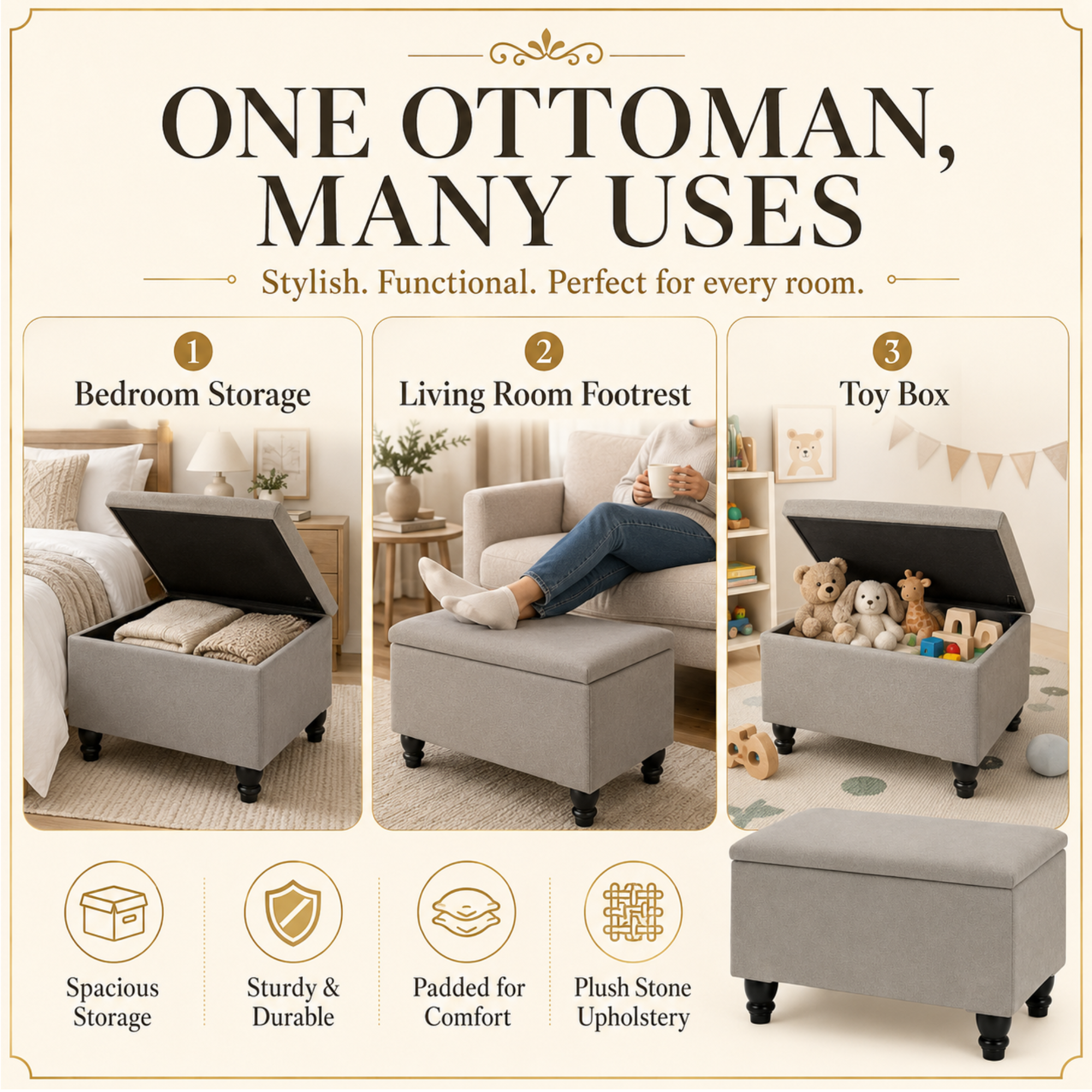 Small Ottoman Storage Footstool | Plain Top Plush Fabric Upholstered Storage Box